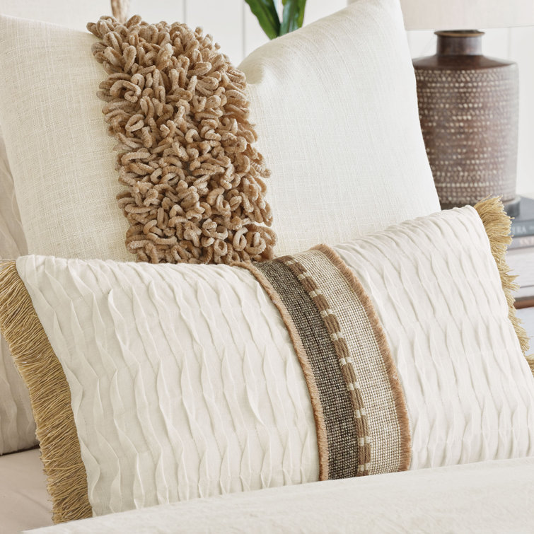 Square Beige Polyester Throw Pillow with Fringe