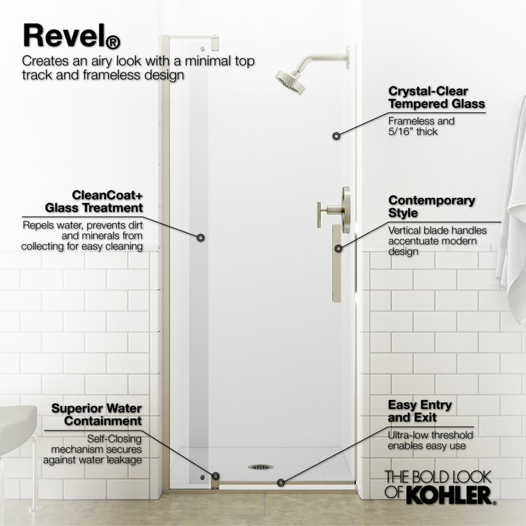 Revel 48'' x 70'' Frameless Pivot Shower Door in Bright Polished Silver