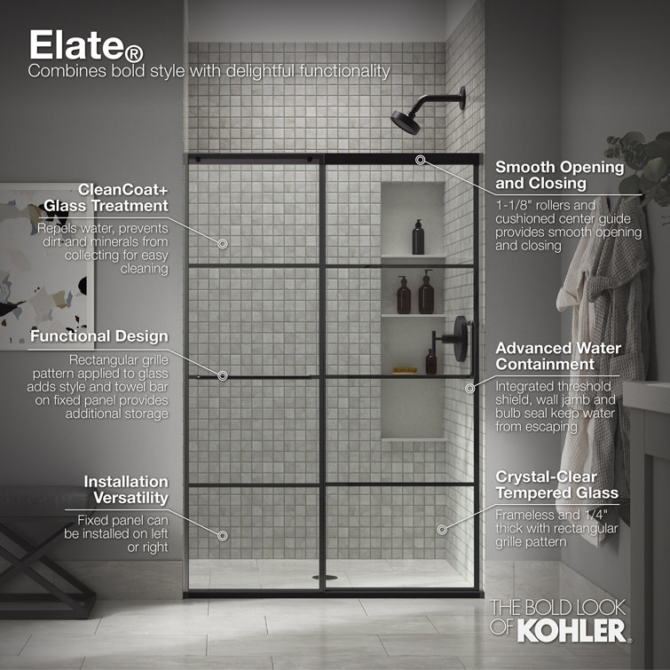 Elate Frameless Sliding Shower Door with Black Hardware and Clear Tempered Glass