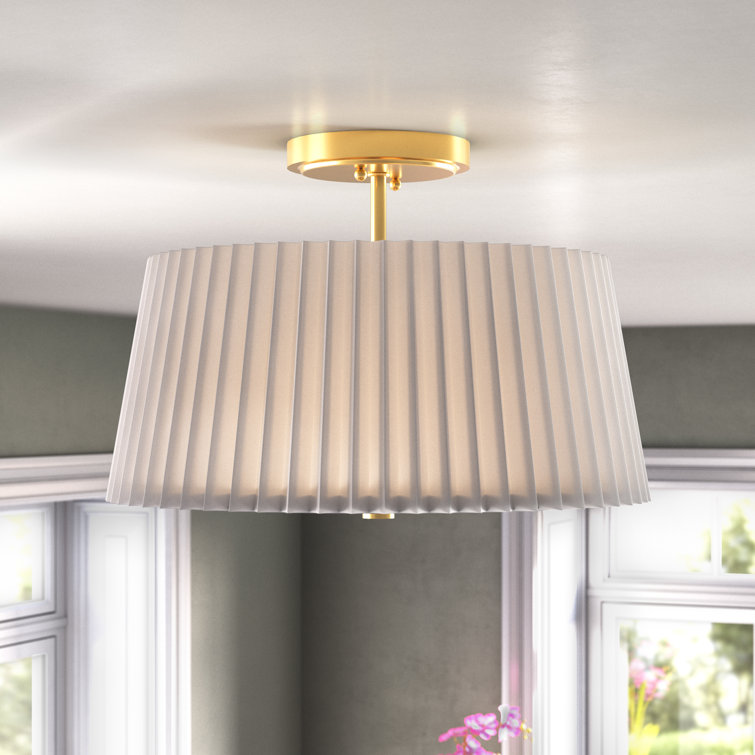 White Pleated Fabric Drum Flush Mount with Brass Gold Accents