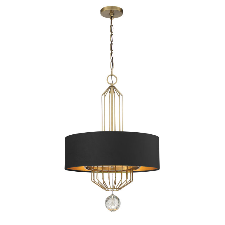 Grandeur Aged Antique Brass 6-Light Pendant with Black Velvet Drum Shade