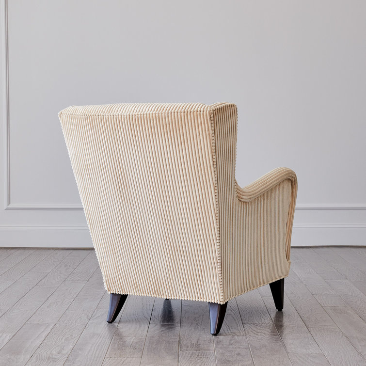 Ivory Corduroy Wingback Lounge Chair with Oiled Walnut Legs
