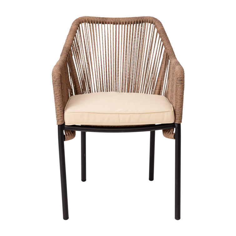 Natural Woven Metal Outdoor Dining Chairs with Cushions