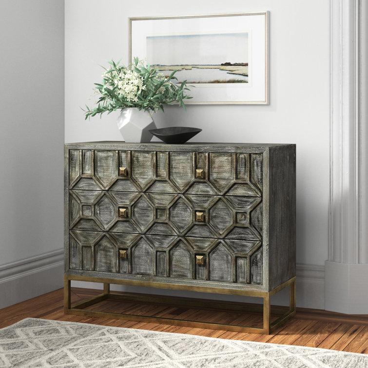 Genevieve Light Gray Wood and Antique Brass 3-Drawer Cabinet