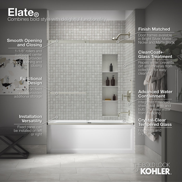 Elate Frameless Nickel Sliding Shower Door with Crystal Clear Glass