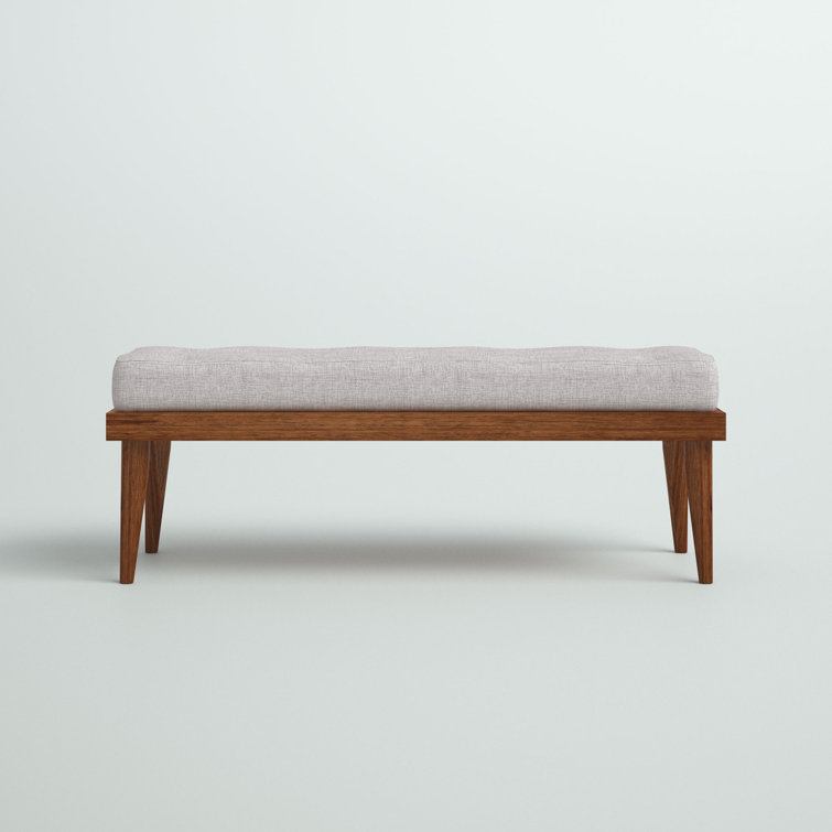 Grayish Beige Foam Upholstered Bench with Walnut Finish