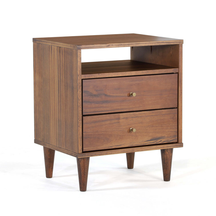 Brushed Walnut Mid Century 2-Drawer Solid Wood Nightstand