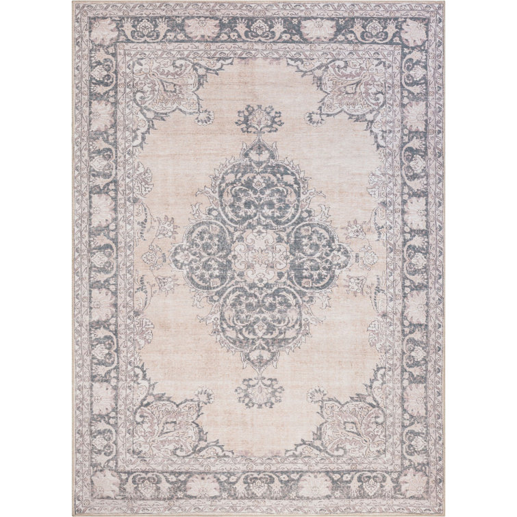 Beige Medallion Cotton-Synthetic 5' x 7' Easy-Care Area Rug