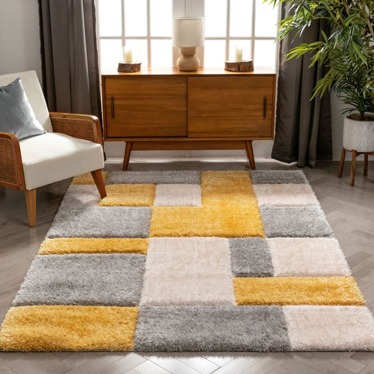 Yellow and Gray Geometric Shag Rug, 5'3" x 7'3"
