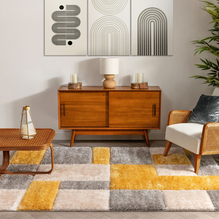Yellow and Gray Geometric Shag Rug, 5'3" x 7'3"