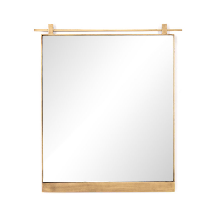 Antique Brass Rectangular Bathroom Mirror with Wood Accents