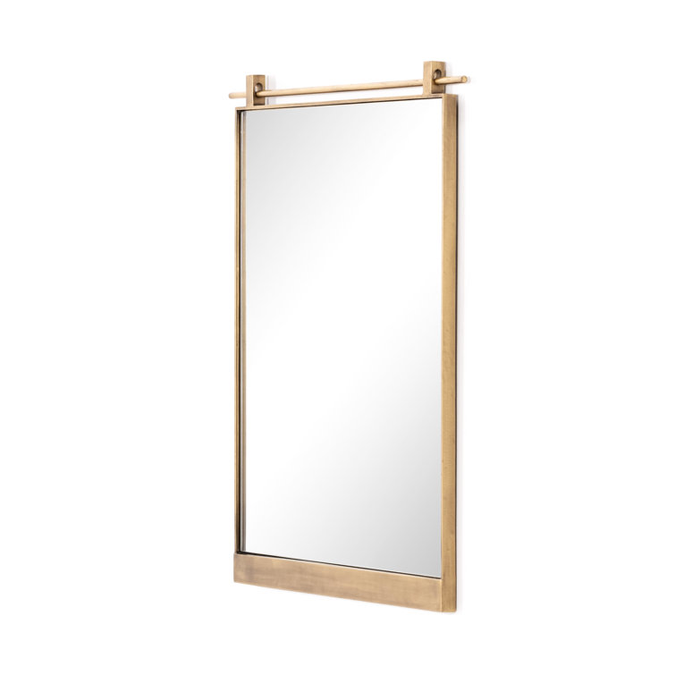 Antique Brass Rectangular Bathroom Mirror with Wood Accents