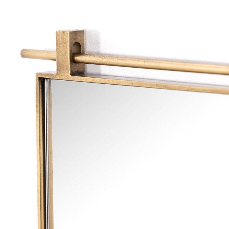 Antique Brass Rectangular Bathroom Mirror with Wood Accents