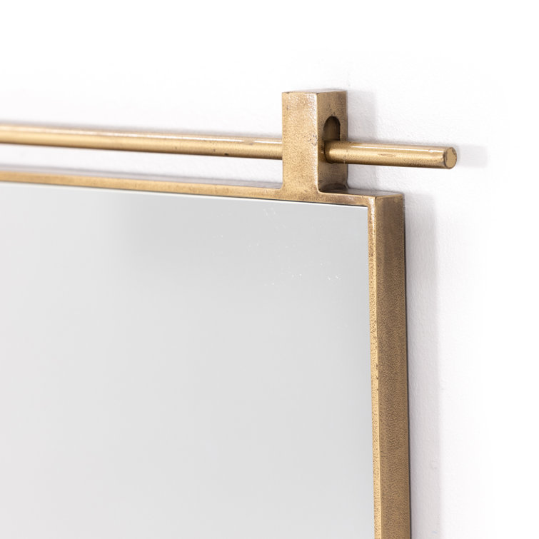 Antique Brass Rectangular Bathroom Mirror with Wood Accents