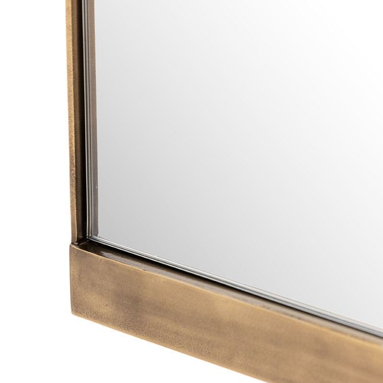 Antique Brass Rectangular Bathroom Mirror with Wood Accents