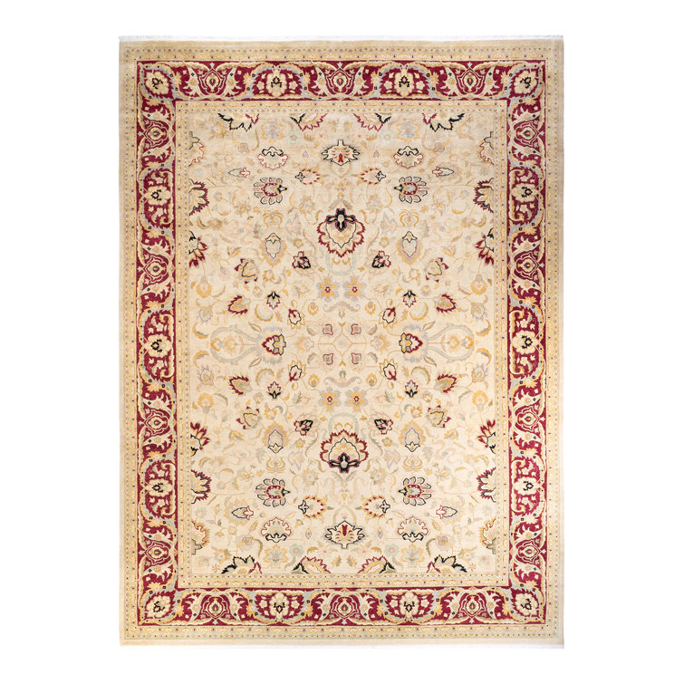 Elegant Hand-Knotted Ivory/Beige/Burgundy Wool Oriental Rug 10' x 14'