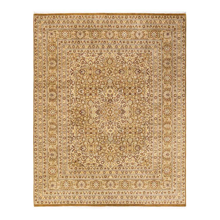 Ivory and Green Hand-Knotted Wool 8' x 10' Traditional Rug