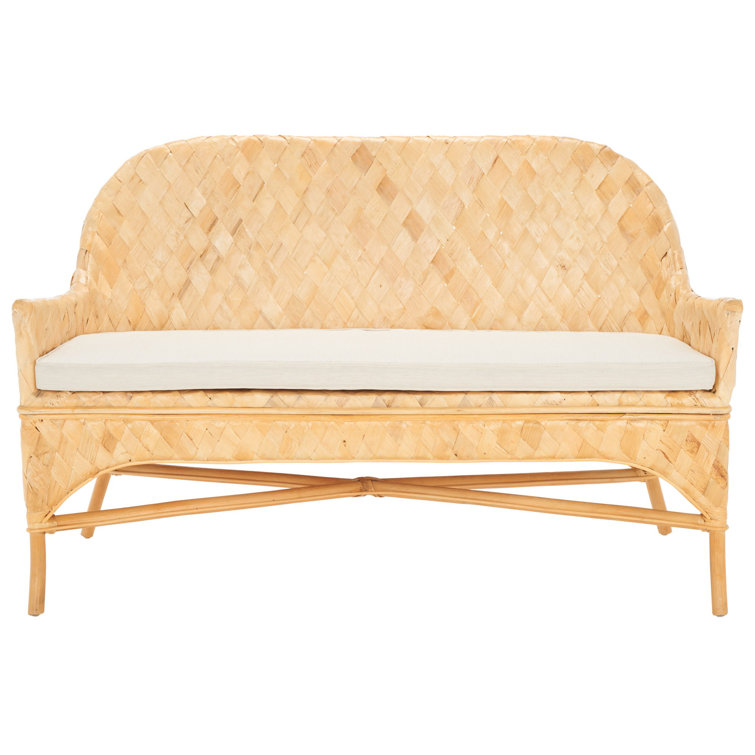Natural Honey Rattan Woven Sofa Bench with White Cushion