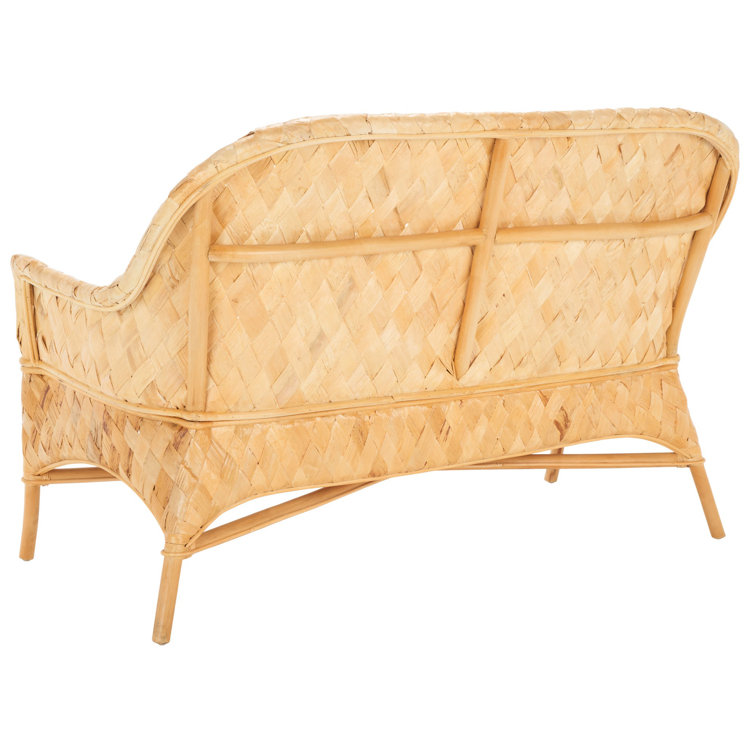 Natural Honey Rattan Woven Sofa Bench with White Cushion