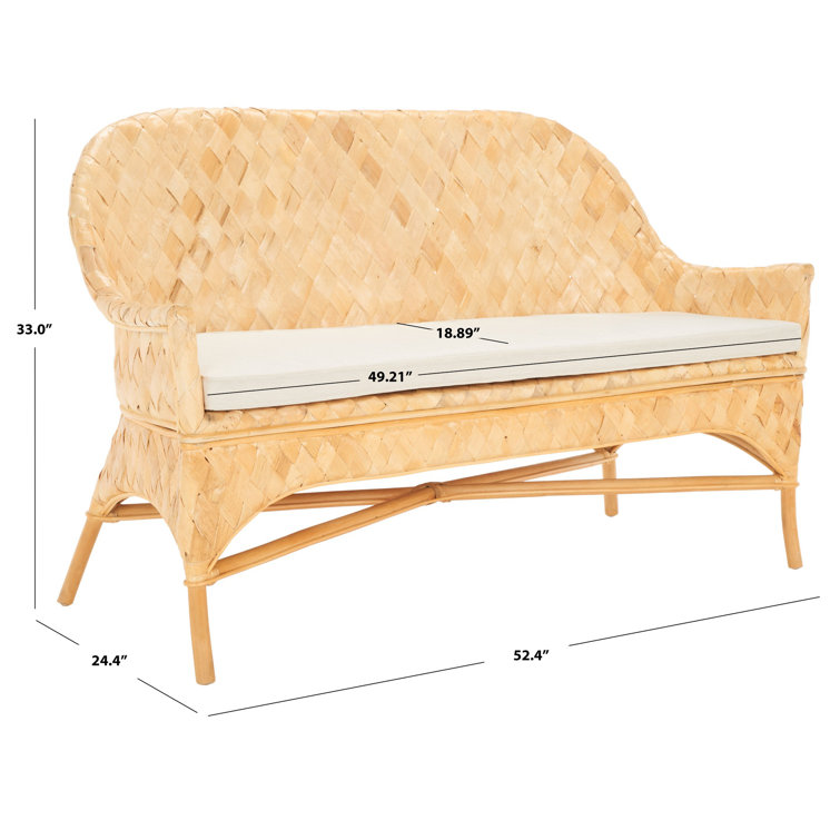 Natural Honey Rattan Woven Sofa Bench with White Cushion