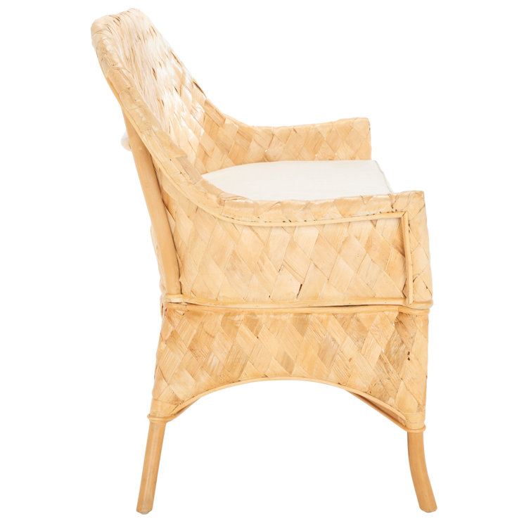 Natural Honey Rattan Woven Sofa Bench with White Cushion