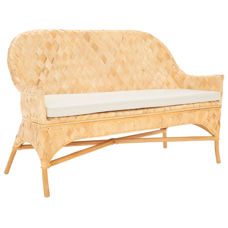 Natural Honey Rattan Woven Sofa Bench with White Cushion
