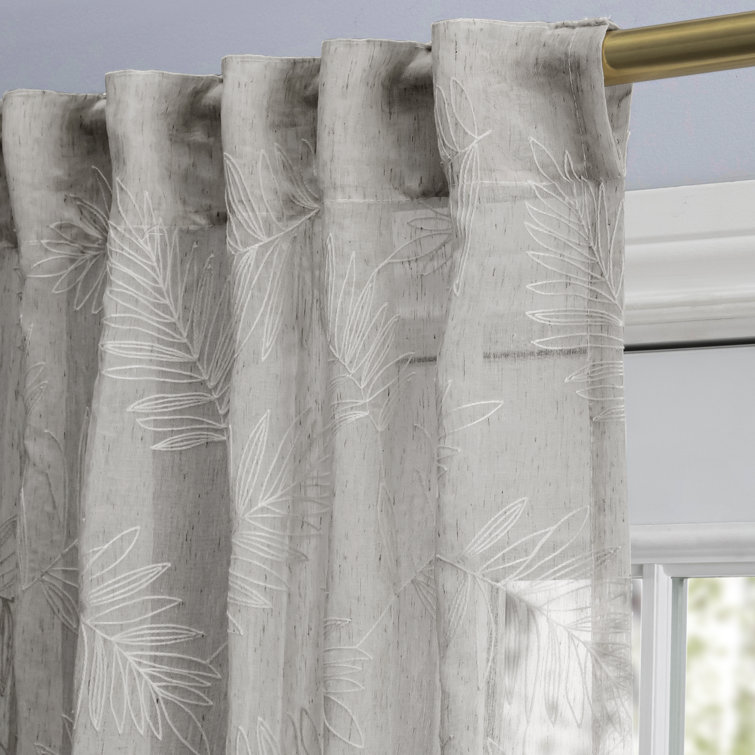 Gray Sheer Leaf Embroidered Rod Pocket Curtain Panel
