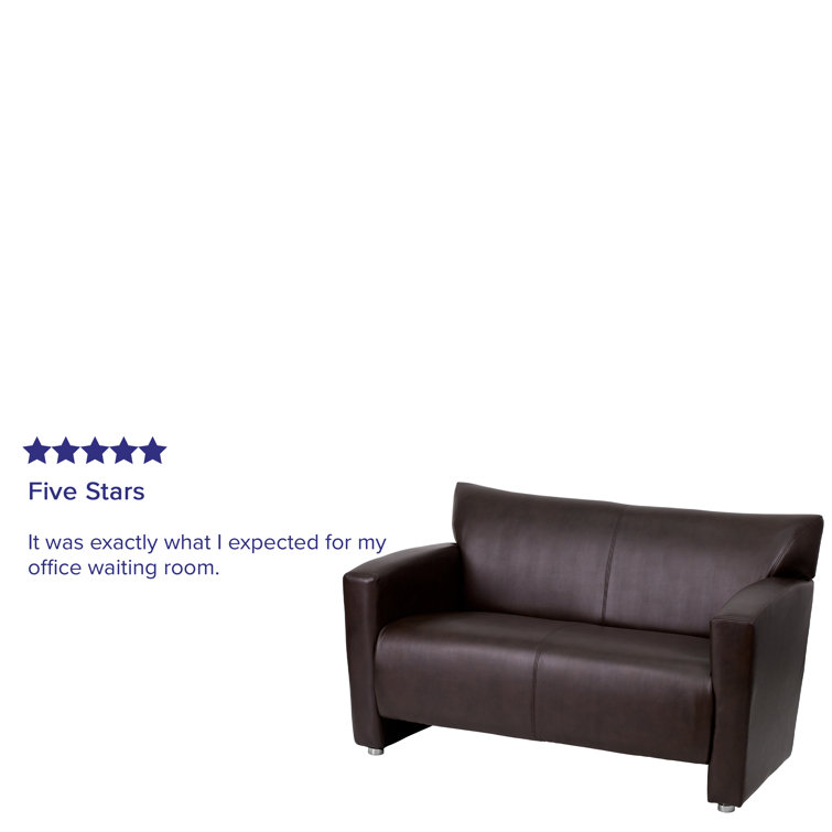 Modern Brown Faux Leather Loveseat with Flared Wooden Arms
