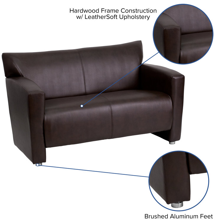 Modern Brown Faux Leather Loveseat with Flared Wooden Arms