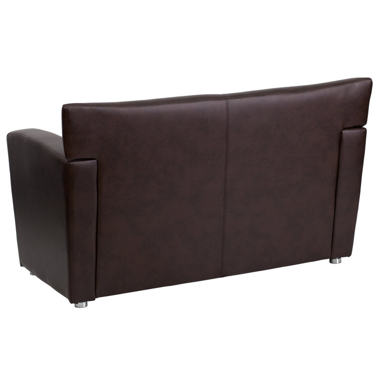 Modern Brown Faux Leather Loveseat with Flared Wooden Arms