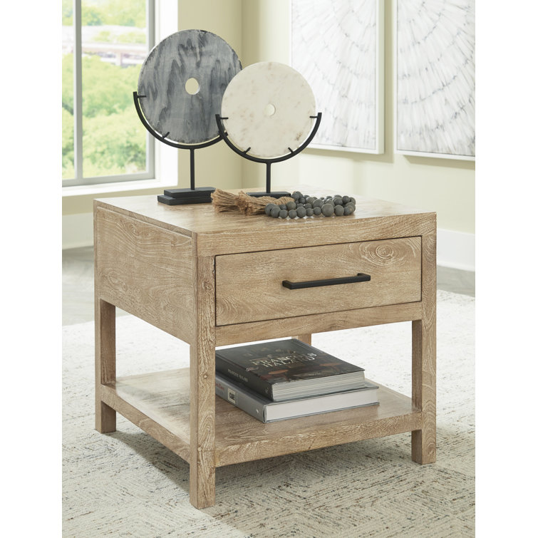 Transitional Belenburg Square Wood End Table with Drawer, Brown