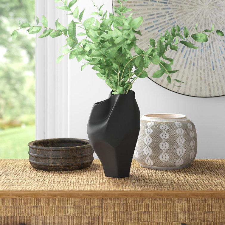 Black Ceramic Abstract Design Table Vase, 10" Height