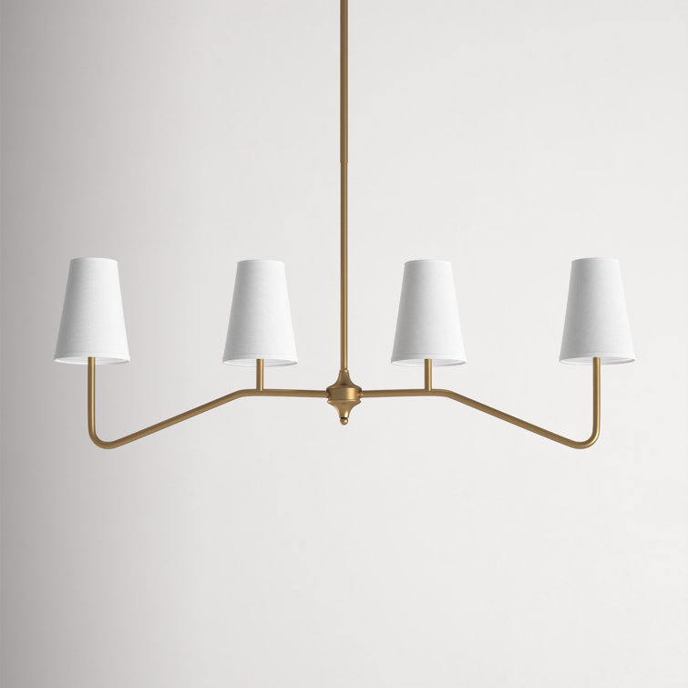 Natural Brass 4-Light Linear Chandelier with White Fabric Shades
