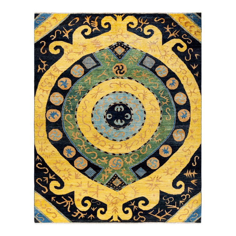 Handmade Black and Yellow Wool 9' x 12' Area Rug