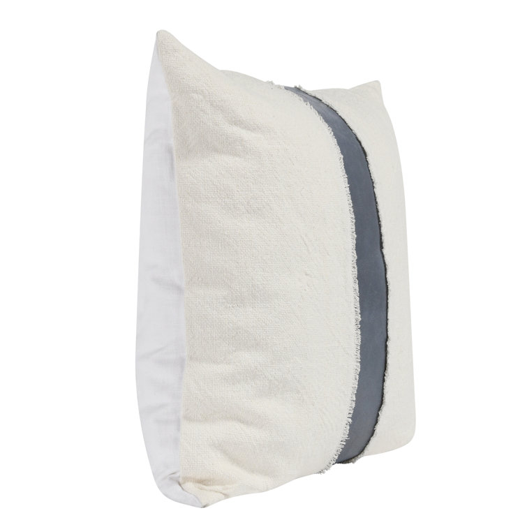 Ivory and Blue 26" Square Linen Cotton Leather Throw Pillow