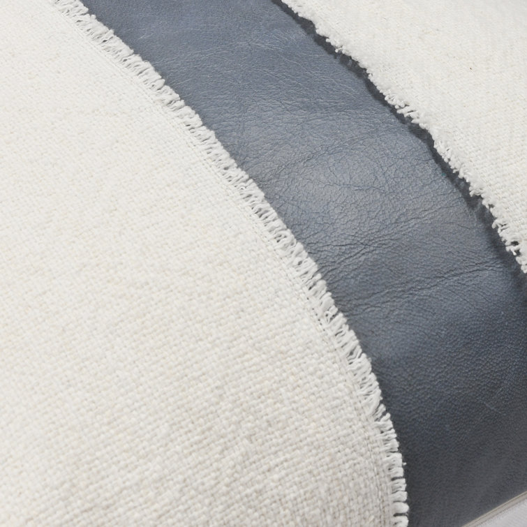 Ivory and Blue 26" Square Linen Cotton Leather Throw Pillow