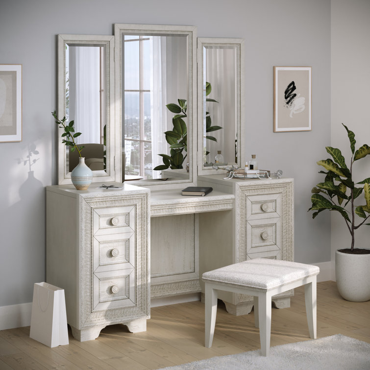 Cream Traditional Vanity with Mirror and Bench