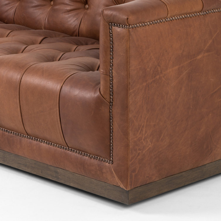 Warm Brown Tufted Leather Sofa with Nailhead Trim