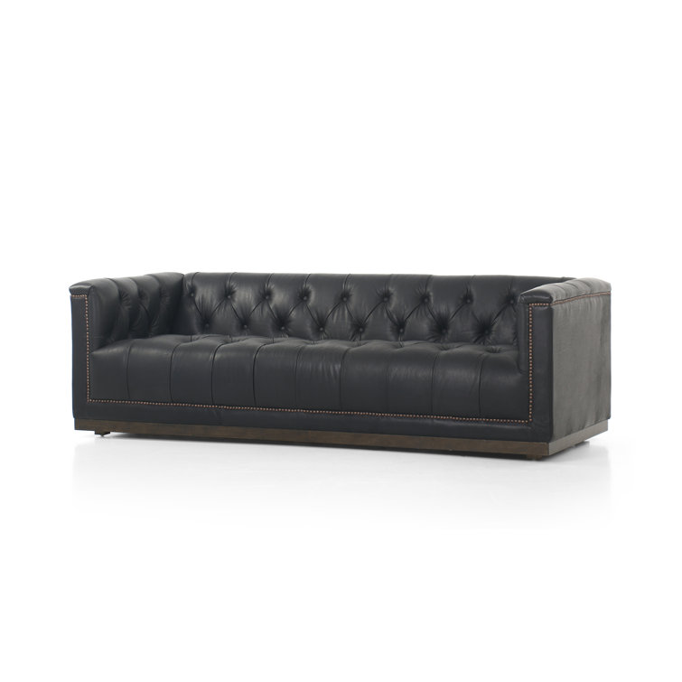 Heirloom Black Solid Leather Tufted Sofa with Nailhead Accents