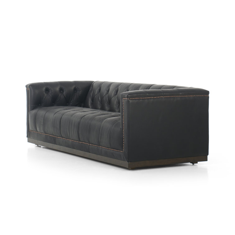 Heirloom Black Solid Leather Tufted Sofa with Nailhead Accents