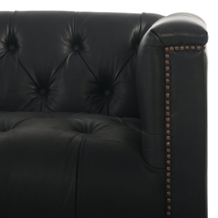 Heirloom Black Solid Leather Tufted Sofa with Nailhead Accents
