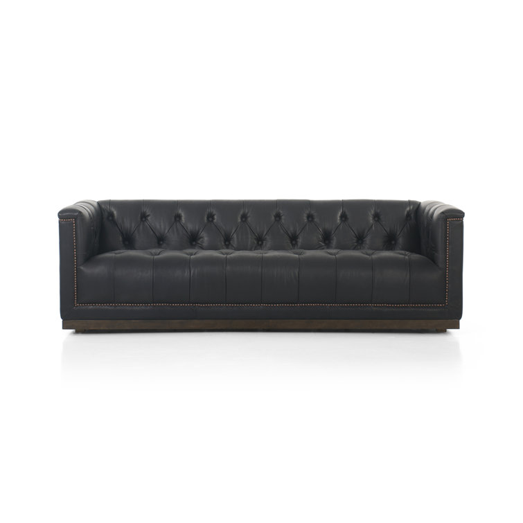 Heirloom Black Solid Leather Tufted Sofa with Nailhead Accents
