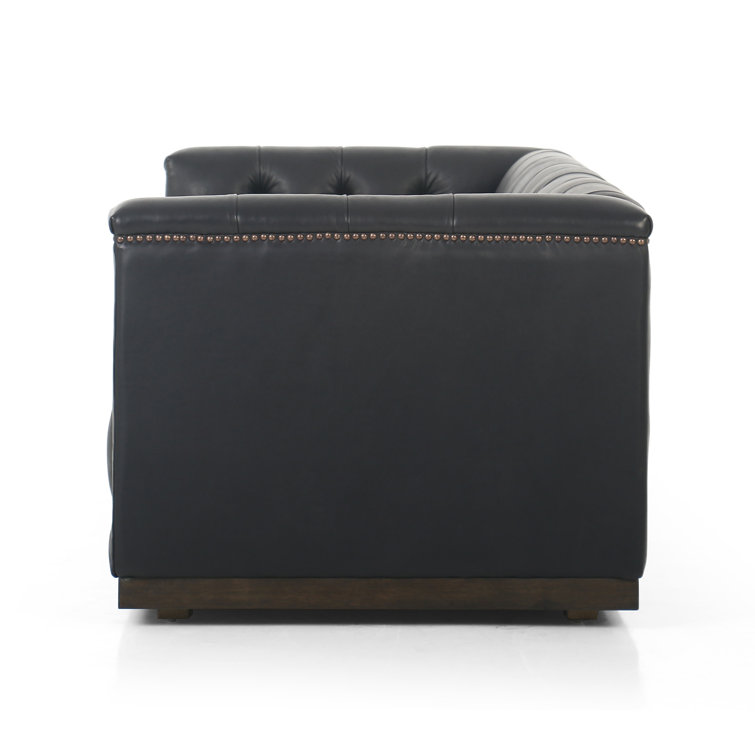 Heirloom Black Solid Leather Tufted Sofa with Nailhead Accents