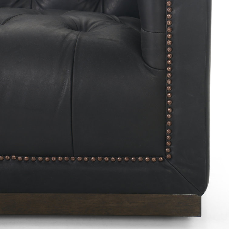 Heirloom Black Solid Leather Tufted Sofa with Nailhead Accents