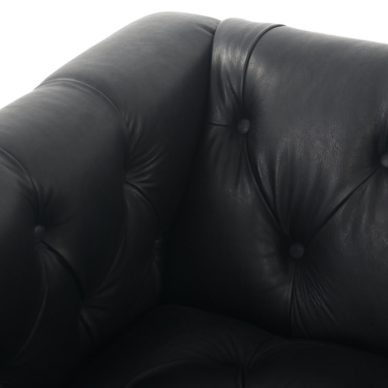 Heirloom Black Solid Leather Tufted Sofa with Nailhead Accents