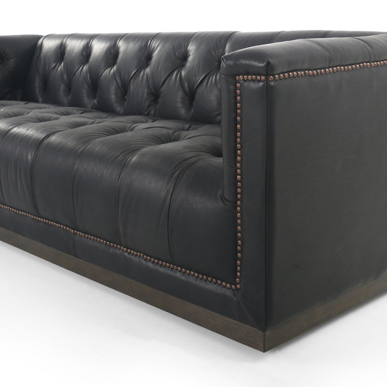 Heirloom Black Solid Leather Tufted Sofa with Nailhead Accents