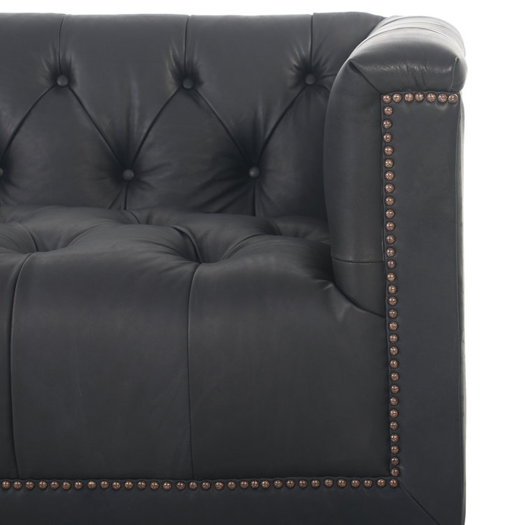 Heirloom Black Tufted Leather Sofa with Nailhead Trim