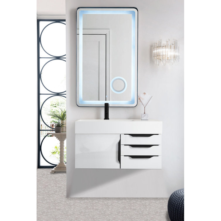 Glossy White Solid Wood Wall-Mount Single Vanity with Matte Black Hardware