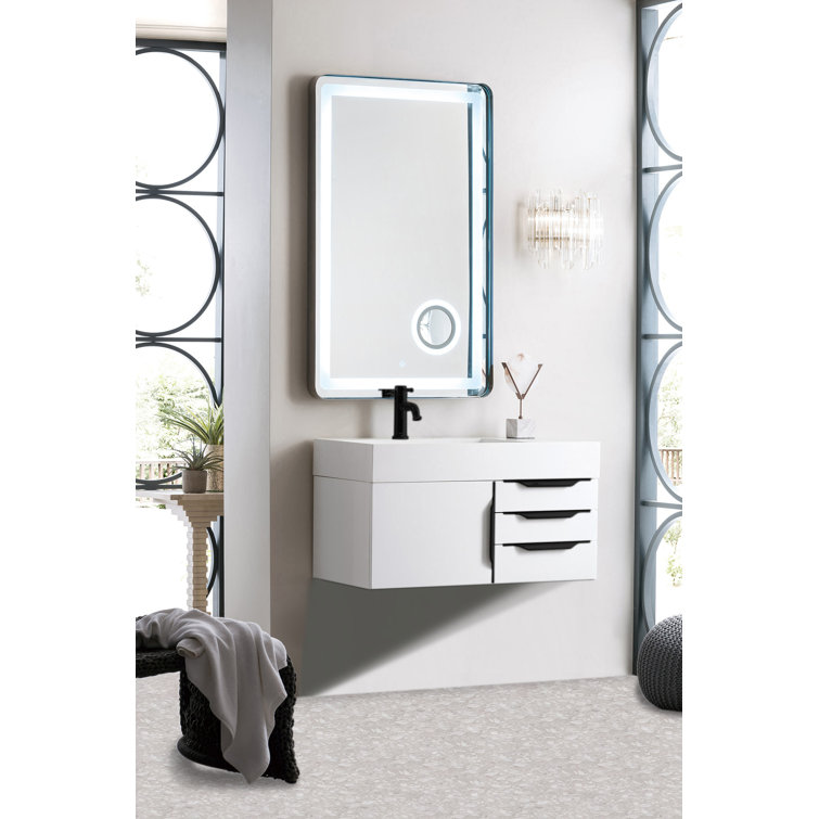 Glossy White Solid Wood Wall-Mount Single Vanity with Matte Black Hardware