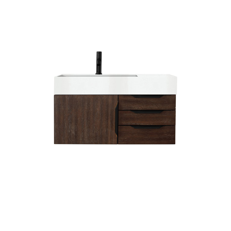 Glossy White Solid Wood Wall-Mount Single Vanity with Matte Black Hardware